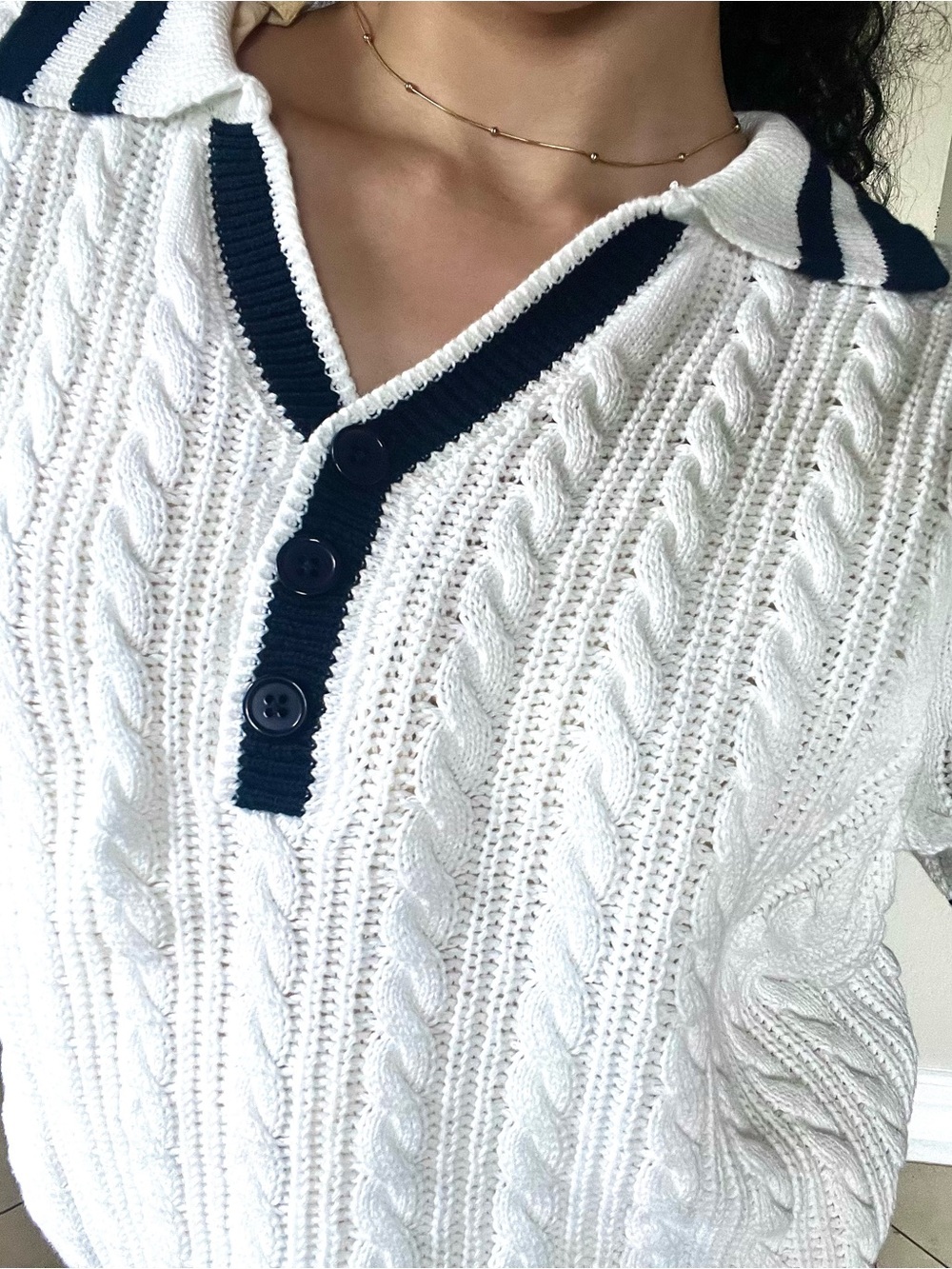 St. John's Bay White Cable Knit V-Neck Sweater with Navy Trim